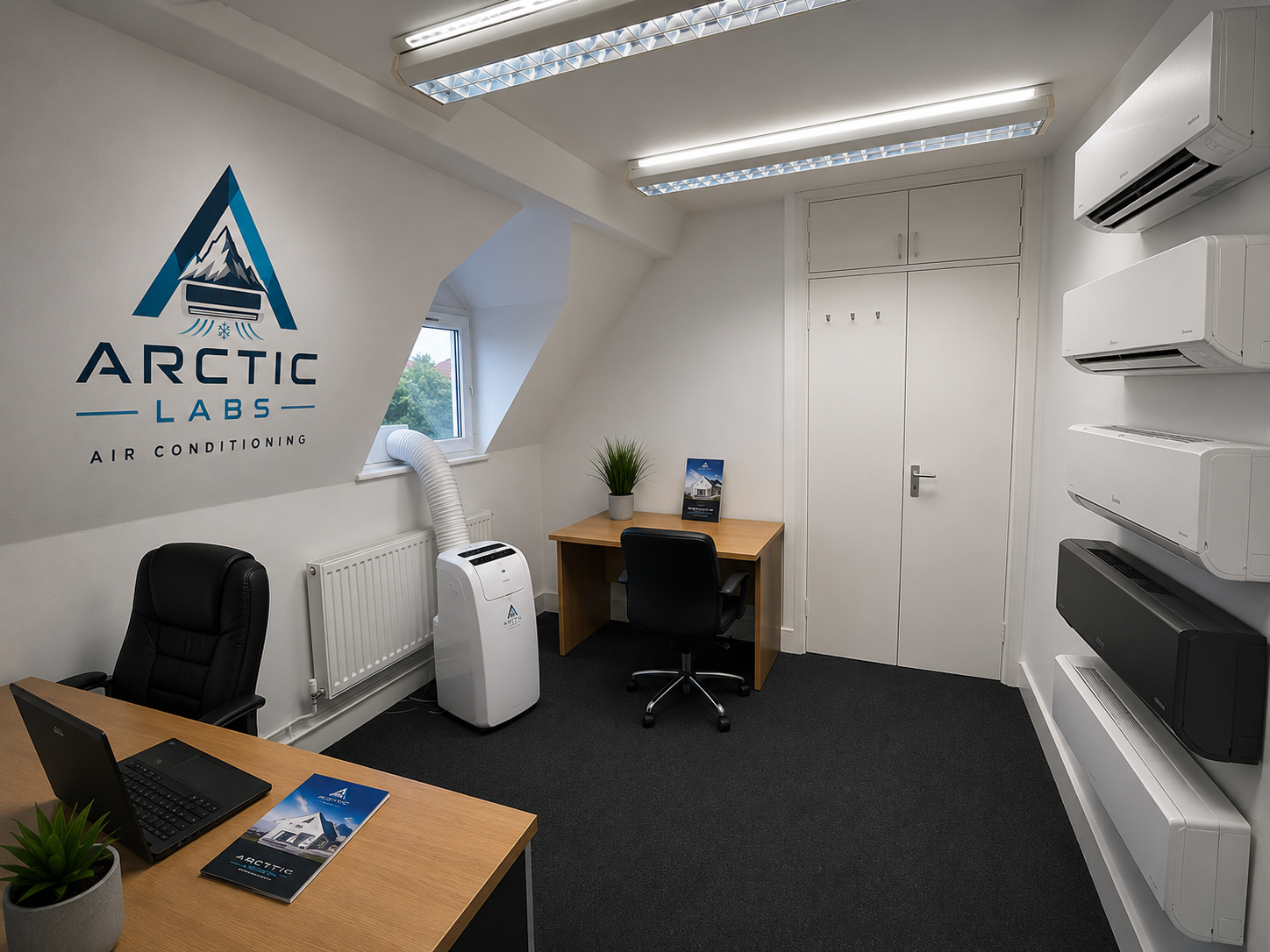 Inside the Arctic Labs North London showroom — branded wall logo, wall-mounted split units on display and a portable unit at the desk