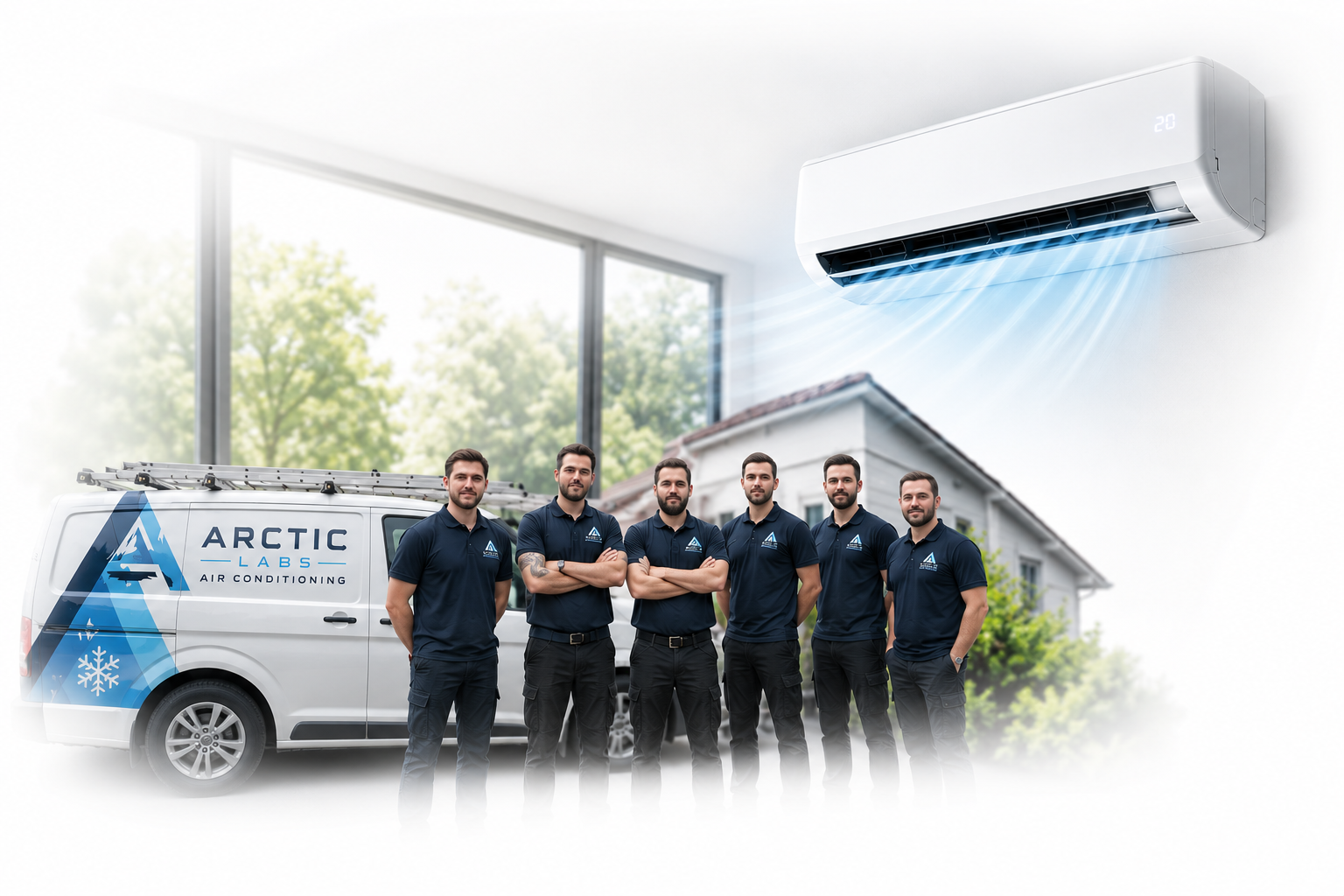 Arctic Labs engineering team in front of a branded Arctic Labs van with a wall-mounted split air-conditioning unit