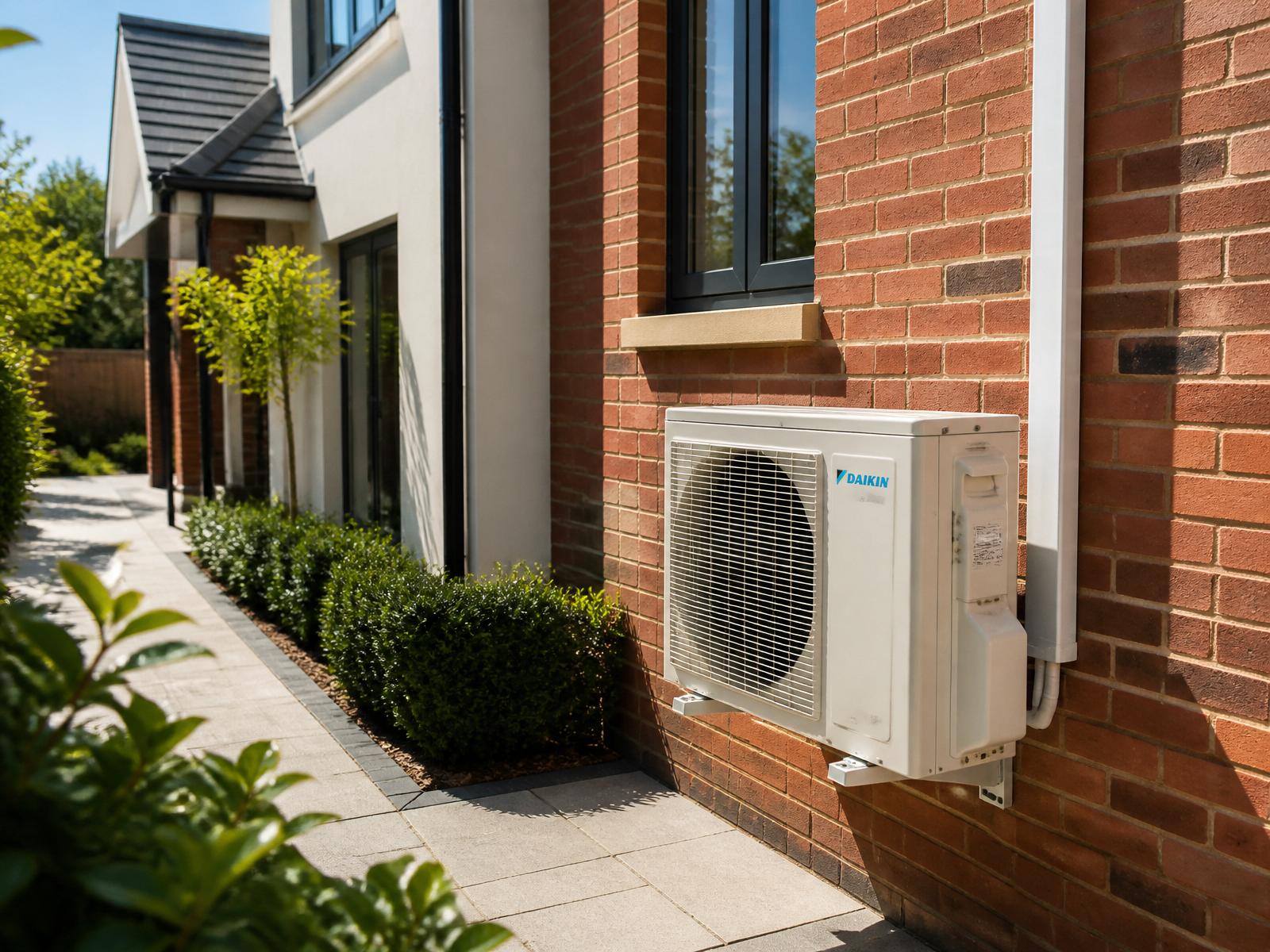White Daikin outdoor air-conditioning condenser neatly wall-mounted on a modern UK detached home