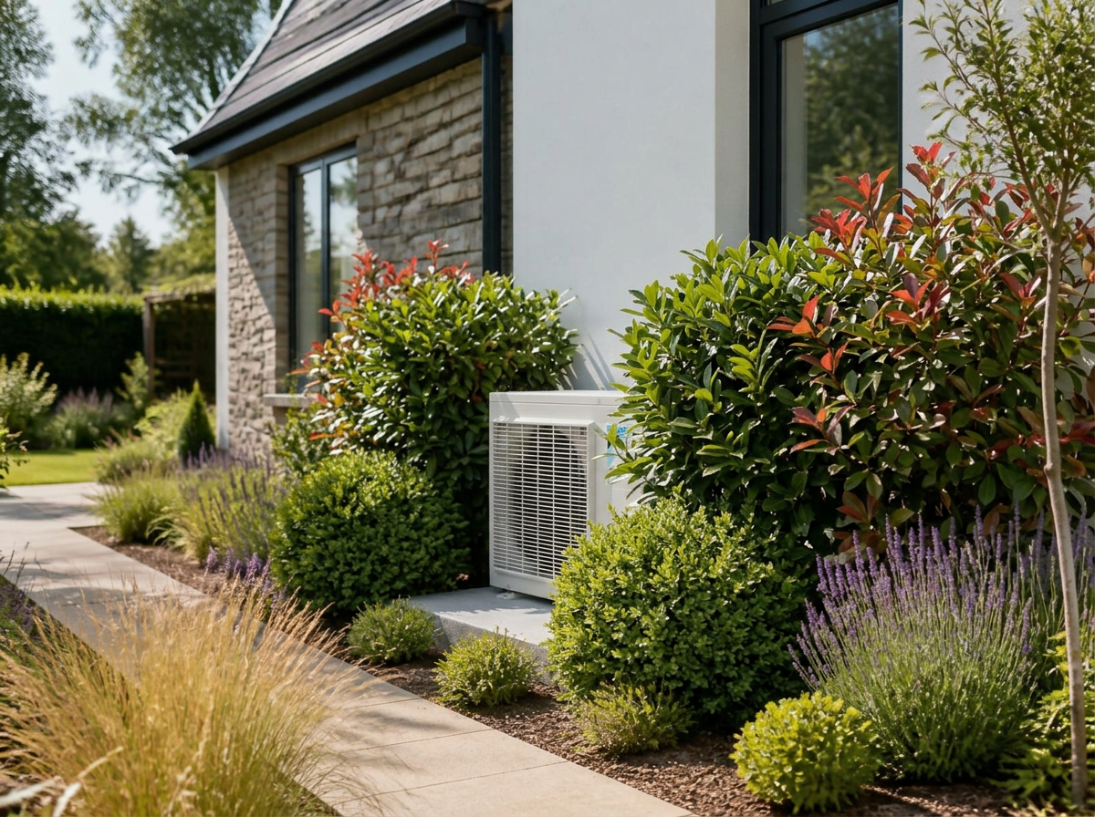 Outdoor condenser softened by low shrubs and ornamental grasses with clear airflow around all sides