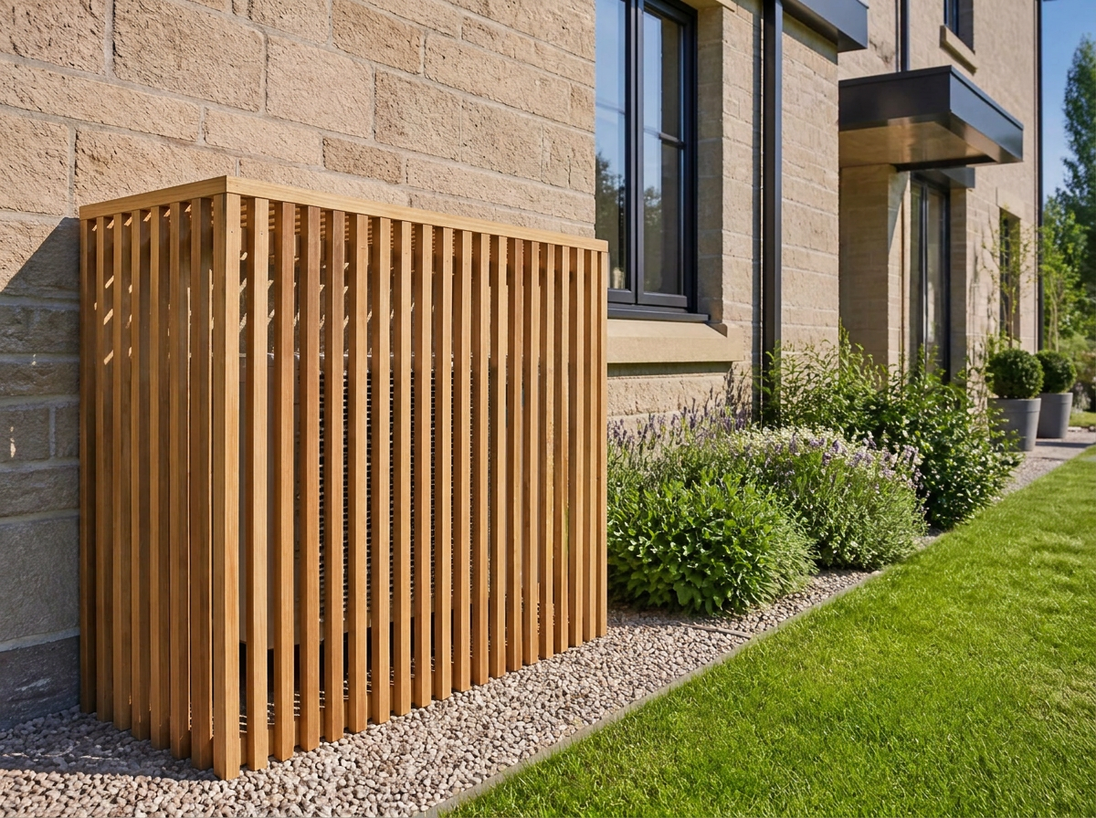 Contemporary slatted timber enclosure around a white outdoor condenser with generous airflow gaps