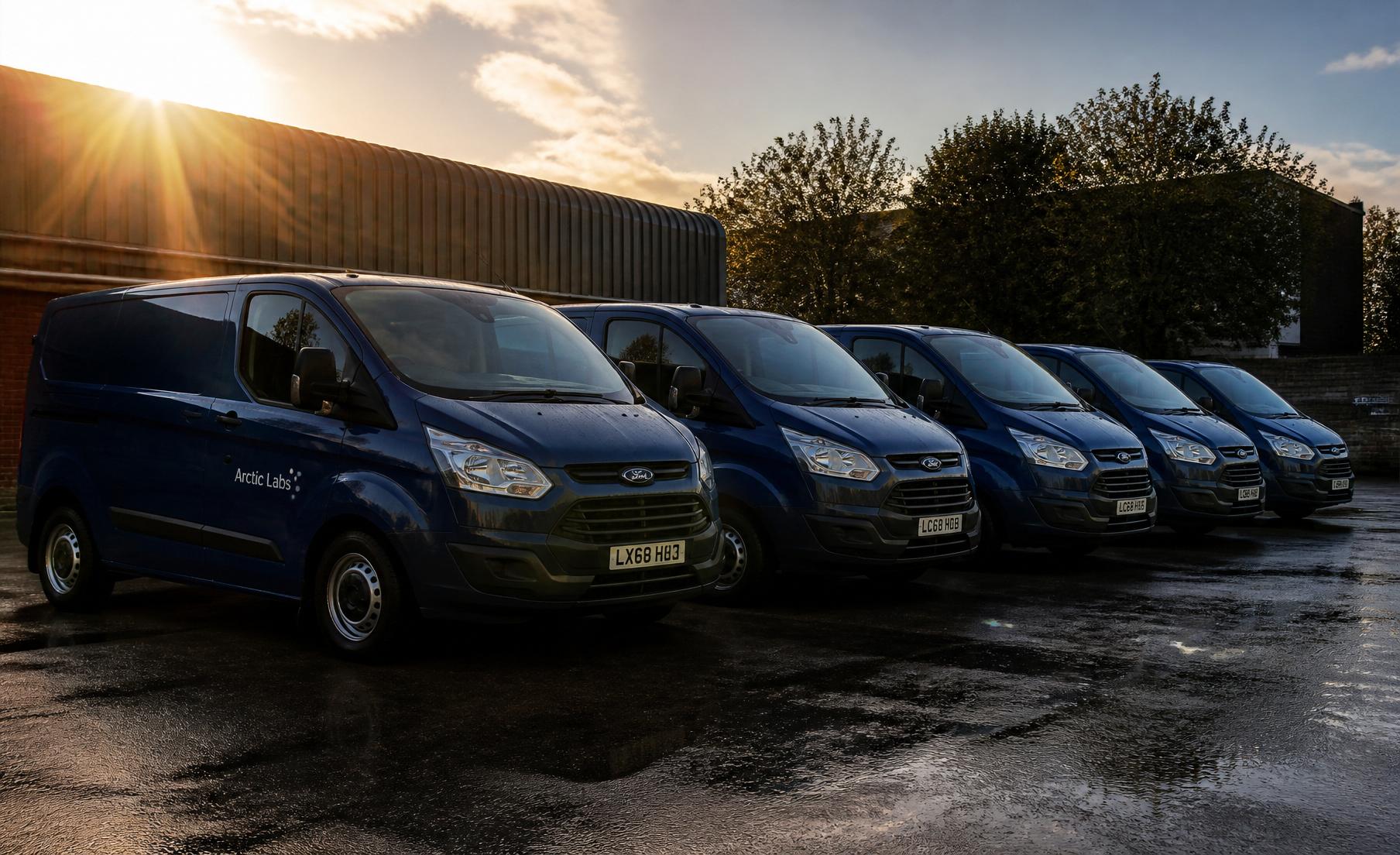 The Arctic Labs fleet of navy work vans at golden hour