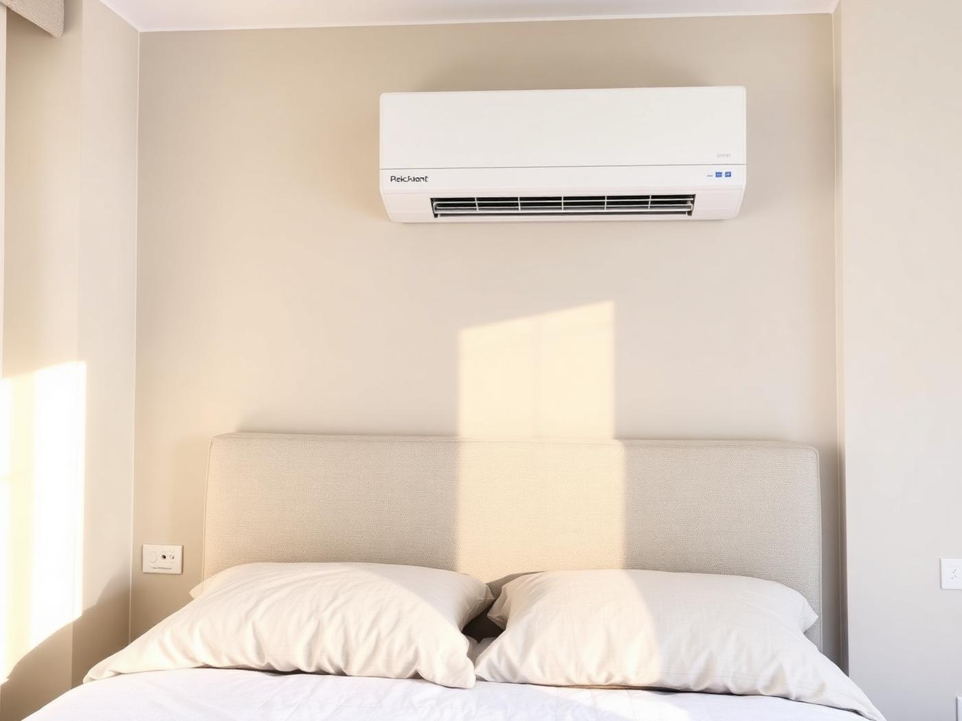 Wall-mounted AC above a linen bed