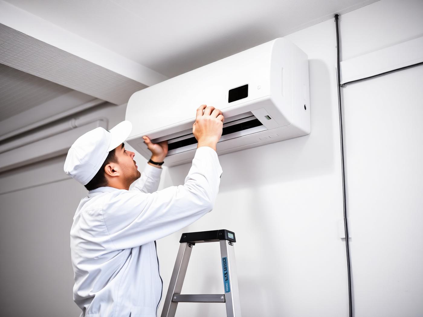 Engineer mounting an air conditioner